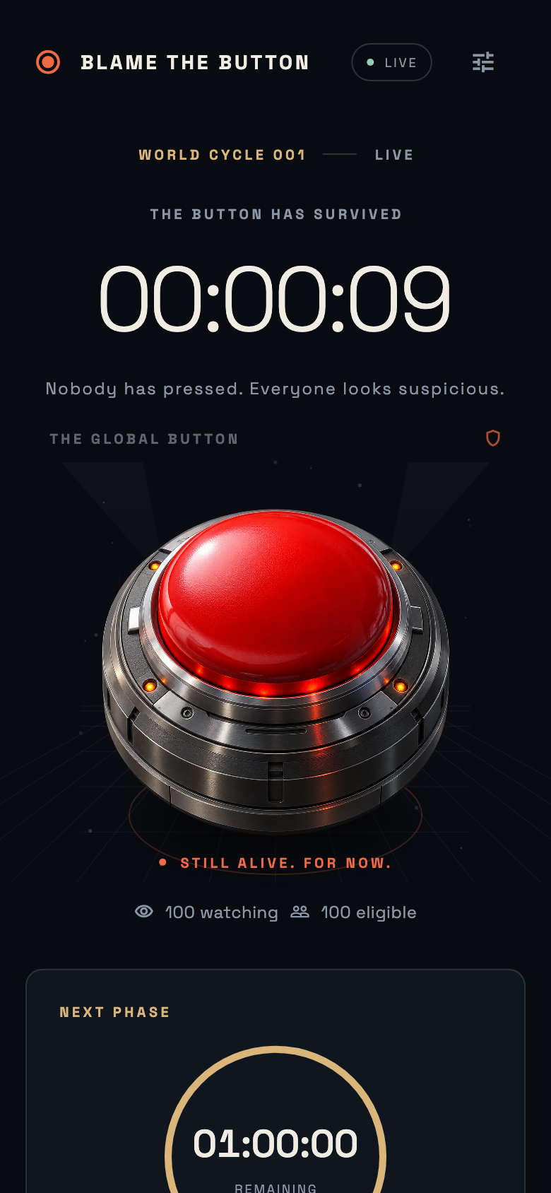 Development game screen showing the shared survival timer, red button and next-phase countdown